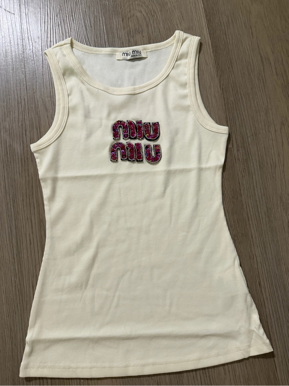 Miu Miu Cream Ribbed Tank with Pink Jeweled Logo